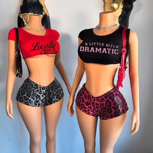 Peeqi estate <span class=keywords><strong>Sexy</strong></span> da <span class=keywords><strong>donna</strong></span> con costine di cotone t-Shirt/Top corto e Shorts leopardati 2 pezzi Set da <span class=keywords><strong>donna</strong></span> Vintage completi da <span class=keywords><strong>donna</strong></span> - Product Image 2