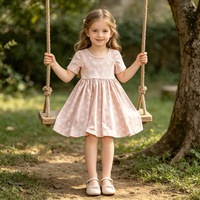 Nouvelle robe d'été pour fillettes, col rond, manches courtes, broderie de feuilles roses, robe décontractée pour enfants, robe tourbillonnante, OEM ODM personnalisé