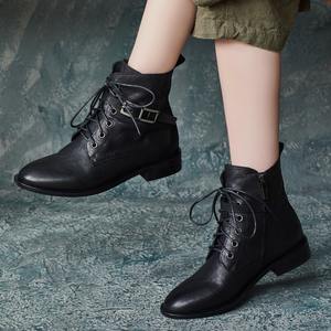 Bottines à plateforme en cuir de vache, style britannique, à bout pointu, avec fermeture éclair latérale et lacets, bottes Martin pour femmes, nouvelle collection automne/hiver - Product Image 4