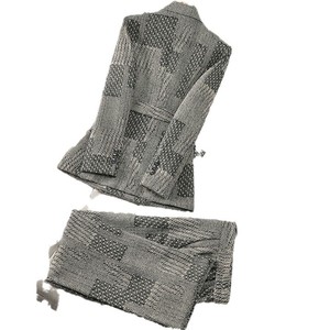 Women's Suit Set Herringbone Pattern Grey Polyester Anti-Wrinkle Casual Blazer With Belt And Trousers For Office Wear - Product Image 5