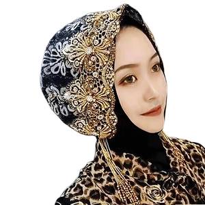 Wholesale YASEEN brand Muslim Malaysian style handmade beaded lace headscarf hat scarf breathable nylon cotton four-piece set - Product Image 4