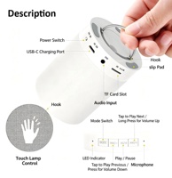 Lámpara de Noche con Control Táctil, Cambio de Color RGB, Altavoz, BT5.2, Reproductor de Tarjetas TF, Portátil, para Colgar Junto a la Cama, Recargable, con Audio