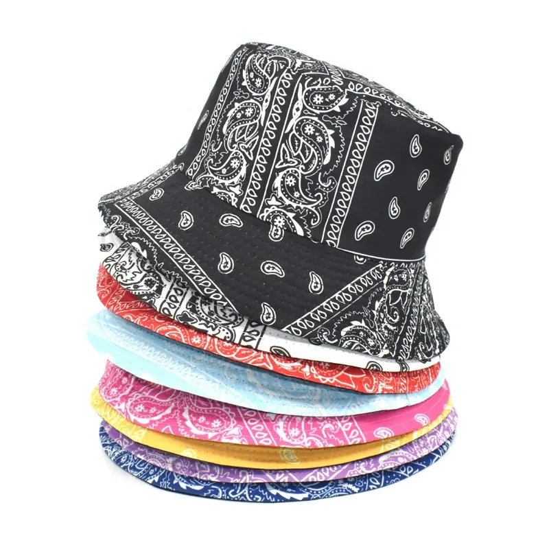 다양한 패턴의 포장 가능한 양면 블랙 프린트 피셔맨 버킷 썬 모자