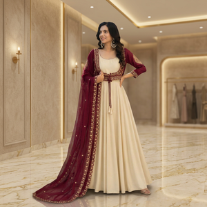 New Designer Women Presenting 3 Piece Stylish Gown With Beautiful Koti And Dupatta Set - Product Image 1