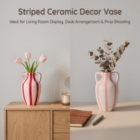 Vas Keramik Bergaris Retro Lukisan Tangan, Vas Bunga Amphora Berlapis Ganda dengan Pegangan, 9 Warna Dekorasi Rumah Modern Gaya Farmhouse Boho