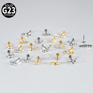 Boucles d'oreilles Gaby G23 en titane doré, divers modèles, à dos plat, pour piercing de lèvre, tragus, hélix, daith, lobe, zircon, cadeau, bijoux pour le corps - Product Image 2