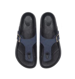 Chanclas clásicas de microfibra de cuero azul marino con hebilla y suela de goma, sandalias de verano con punta abierta. - Product Image 5