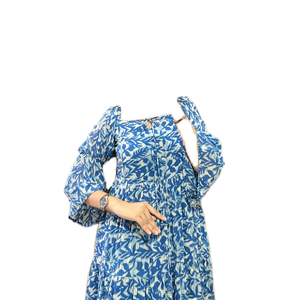 Vente en gros : Robe longue évasée de haute qualité, style streetwear modeste, avec nœud, imprimé numérique personnalisé, motif floral bleu, boutons sur le devant et fronces naturelles - Product Image 1