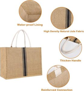 Sac fourre-tout rayé en jute imperméable pour femme, idéal pour la mode, la natation, la gym, le shopping, les voyages et la plage - Product Image 3