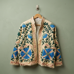Veste en coton brodée florale à col mandarin, manches longues, style Prairie Chic, pour femme, printemps, confection artisanale avec motif à points ouverts - Product Image 1