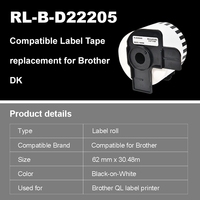 Rollo de Etiquetas Térmicas de Repuesto DK-22205 62mmx30.48m Compatible con Impresora de Etiquetas Brother Serie QL