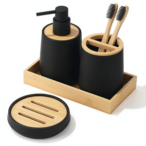 BEST Ensemble de 4 pièces minimaliste en plastique noir écologique avec support pour brosses à dents et couvercle en bambou, organisateur de rangement pour salle de bain - Product Image 4