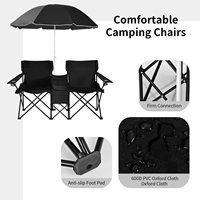 Chaise longue de jardin pliable double pour adultes, légère, noire, pour l'extérieur, le parc, la plage, le camping, avec parasol