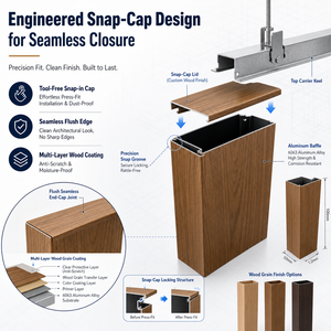 แผ่นฝ้าเพดานอะลูมิเนียมลายไม้ 100 มม. แบบ Snap Cap พร้อมแถบโลหะ ป้องกันความชื้น - Product Image 1