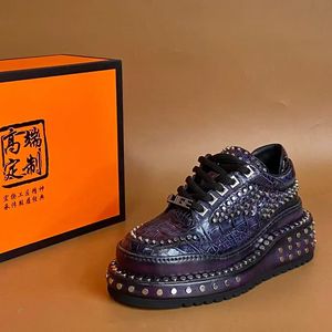 Luxury 100% Crocodile Leather Oxford <b>Shoes</b> for Men – Electric Blue <b>Gothic</b> Punk Design with Rivet Embellishments & Elevator Chunk - Product Image 6