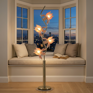 <b>Retro</b> Art Lotus Floor Lamp 4 Lotus Blooms S Shaped Gold Rod Decor Standing <b>Light</b> for Hotel Guest Room - Product Image 1