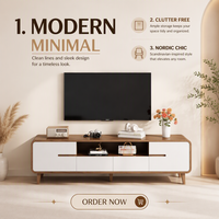 Ensemble meuble TV et table basse pour salon avec armoire de rangement, style ethnique, en panneaux de particules