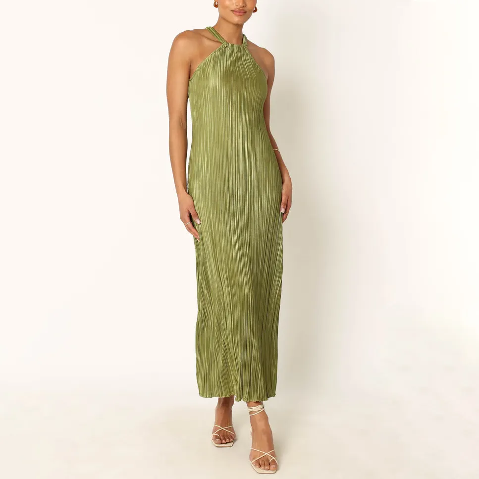 Sang Trọng Thời Trang Phụ Nữ Vestido Tùy Chỉnh Sexy Halter Olive Nhung Plisse Dresses Khiêu Vũ Đảng Pleated Maxi Buổi Tối Ăn Mặc