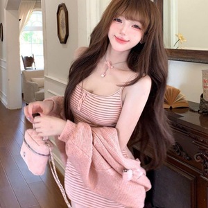 Korean Style Striped Suspender Dress With Knitted Cardigan Two Piece Set Women's Daily Wear Breathable One Shoulder Outfit - Product Image 3