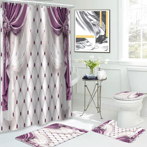 Bộ 4 mảnh của lưới kim cương màu tím in rèm tắm không thấm nước với 12 móc và thảm sàn phòng tắm - Product Image 5