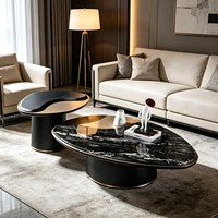 Table basse ovale en noyer avec plateau en pierre noire de luxe, style minimaliste italien, ensemble de meubles de salon, décoration d'intérieur antique