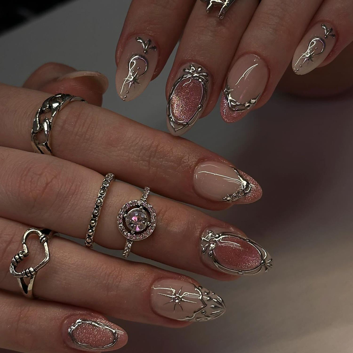 Faux ongles argentés, motif étoile en cristal poudré, style Y2K, référence JP20-228lydz.