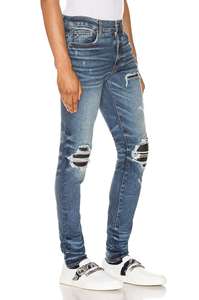 LEDUO <span class=keywords><strong>Jeans</strong></span> da <span class=keywords><strong>Uomo</strong></span> Personalizzati alla Moda con Cerniera Strappi e Toppe in Pelle Cuciture Effetto Lavato Vestibilità Aderente in Cotone Skinny - Product Image 2