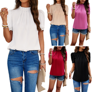 Elegant Women's Chiffon Crop Blouse With Peter <b>Pan</b> Collar Short Cap Sleeve Pleated Solid Top For Party Spring Summer - Product Image 2