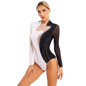 บอดี้สูทแขนยาวตาข่ายบางใสสำหรับผู้หญิงชุดแนบเนื้อพลอยเทียมสำหรับยิมนาสติกกายกรรมเต้นตามสั่ง - Product Image 4