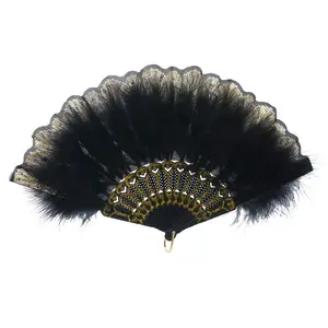 Go Party Wedding Party Decoration Feather Folding Fan Dancing Hand Fan Black Feather Bridal Fans For Women Girls