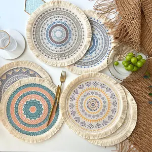 Tapete clásica de tela tejida para decoración de mesa, tazas y cuencos, mantel redondo de lino familiar