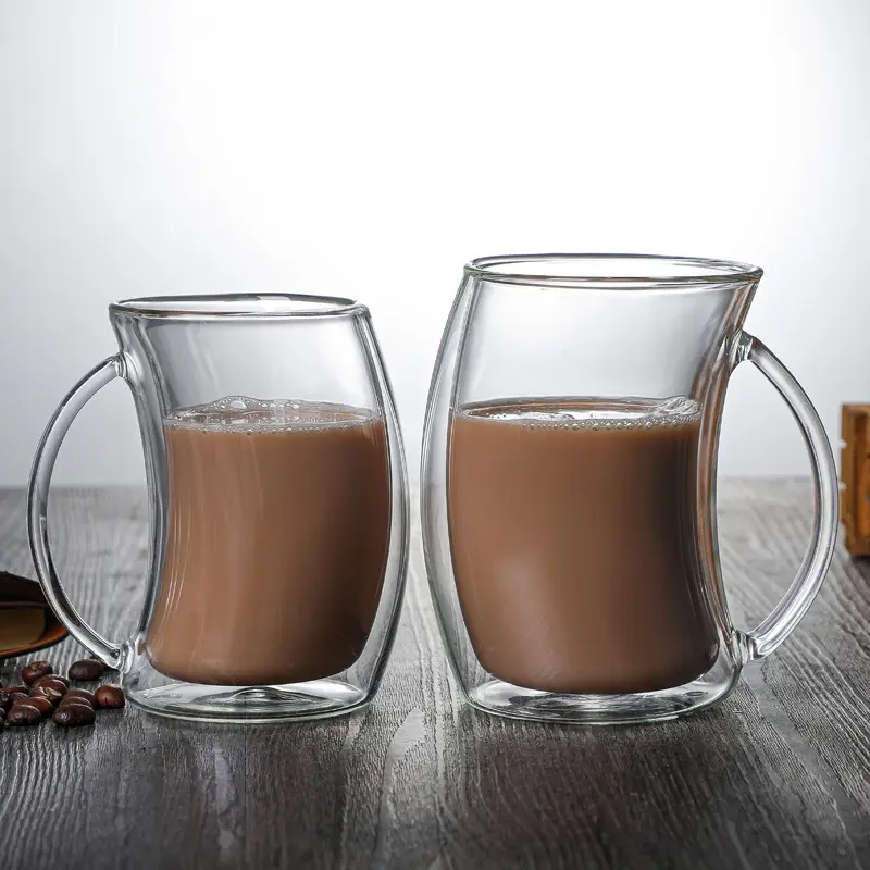 HH10 250ml 350ml Milk Tea Water Cup Coffee Tea Mug With Handle Glass Double-layer Heat- Resistant Glass Crooked Cup