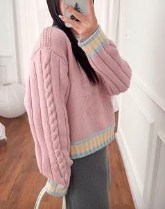 Wholesale Custom Women's Preppy Long Sleeve Crochet <b>Cable</b> Pullover Sweet Jacquard Print Front Logo Silk <b>Sweater</b> Top for Winter - Product Image 4