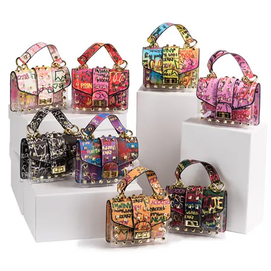 2021 Luxury Colorful Jelly Bags Transparent Rivet Graffiti Chain Pu Handbag For Women