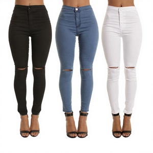 Pantalones vaqueros ajustados casuales para mujer, transpirables, elásticos, de tiro medio, para verano y otoño, finos, con agujeros en la rodilla, con logo pequeño, ¡gran oferta! - Product Image 3