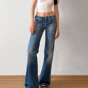 Women Washed Denim Flare Jeans Low Rise Straight Leg <b>Pants</b> Casual Street Style Fashion Trousers - Product Image 3