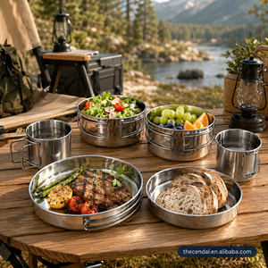 Ensemble de 6 tasses pliantes d'extérieur en acier inoxydable 304, vaisselle de camping portable, empilable, avec poignée, ustensiles de cuisine - Product Image 2