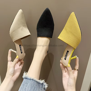 Factory Wholesale New Women Wear Fashion Woven Half Slippers Pointed Bag Head Thin <b>Heel</b> Sandals - Product Image 1