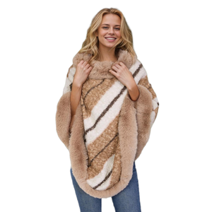 Women Casual Stripe Faux Fur Trim Cloak Winter Warm Pull Over Shawl for Daily Life Cold Weather Ice Activities - Product Image 5