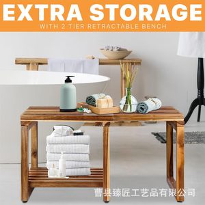 Tabouret de salle de bain extensible en bois massif Zhenjiang, repose-pieds de douche réglable avec étagère de rangement et design pliable - Product Image 3