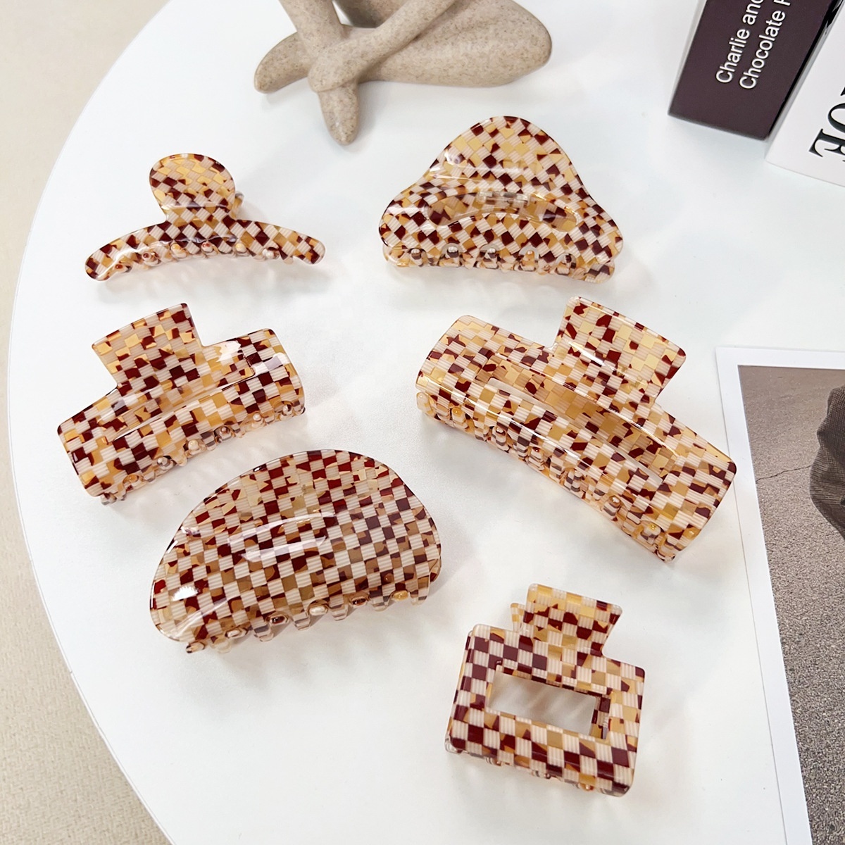 Large Tan Plaid Check Claw Hair Clip Prized Plaid - brown - Paparazzi hair clip – JewelryBlingThing main image 4