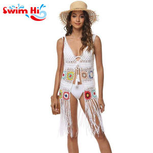 Mujeres Sexy Tie Front sin mangas <span class=keywords><strong>Granny</strong></span> Square hecho a mano Crochet Vest Beach Cover Ups - Product Image 1