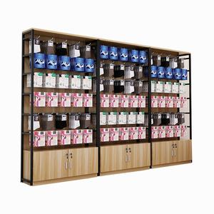 מעמד תצוגת קיר מעץ עם מדפים מתכווננים מדפי עץ לסגנון אופנתי בחנות קמעונאית - Product Image 2