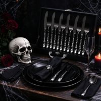 Ensemble de couverts de luxe en acier inoxydable, motif crâne gothique, finition poli miroir, pour Halloween, avec boîte cadeau, vaisselle noire de style occidental