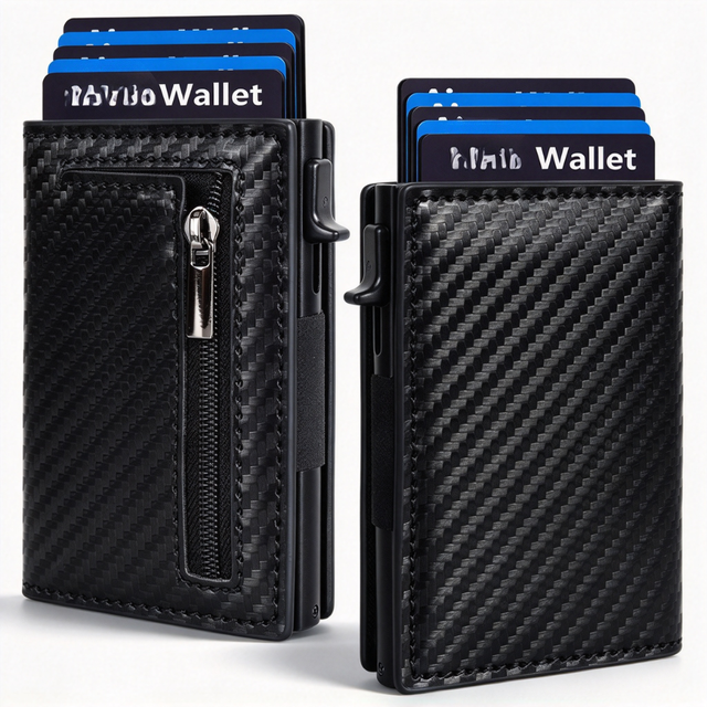 Men's Auto Pop-Up PU Leather RFID Smart Case Slim Metal Aluminum Ejector Button Closure Slim Wallet for Business Card Holder