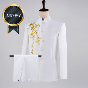 Costume homme blanc à col mandarin, ensemble 2 pièces, <span class=keywords><strong>veste</strong></span> tunique style chinois à motifs floraux dorés et pantalon habillé pour <span class=keywords><strong>mariage</strong></span> et spectacle - Product Image 4