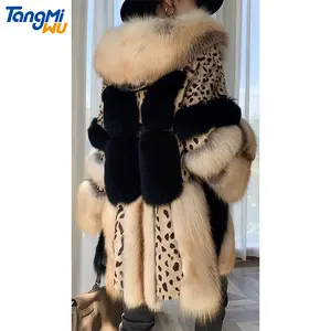 TMW luxury brown women long fur splicing pelliccia donna ladies fur jacket patchwork real fur coat with hooded