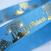 Pita Poliester 2cm 44M Eid Mubarak Ramadan Motif Bulan Bintang Lentera Pita Foil Emas untuk Dekorasi Hadiah Pesta Idul Fitri Muslim Islam