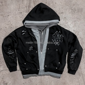 Custom Heavyweight Streetwear Hoodies for Men Boxy Fit Cropped <b>Zip</b> <b>up</b> <b>Jackets</b> Distressed Triple Layer Hoodies Manufacturer - Product Image 1