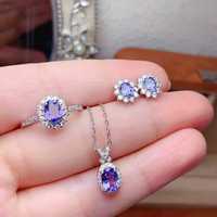 Perhiasan Perak Sterling 925 Klasik Tanzanite Alami Anting Kalung Cincin Perhiasan Pengantin Wanita Trendi
